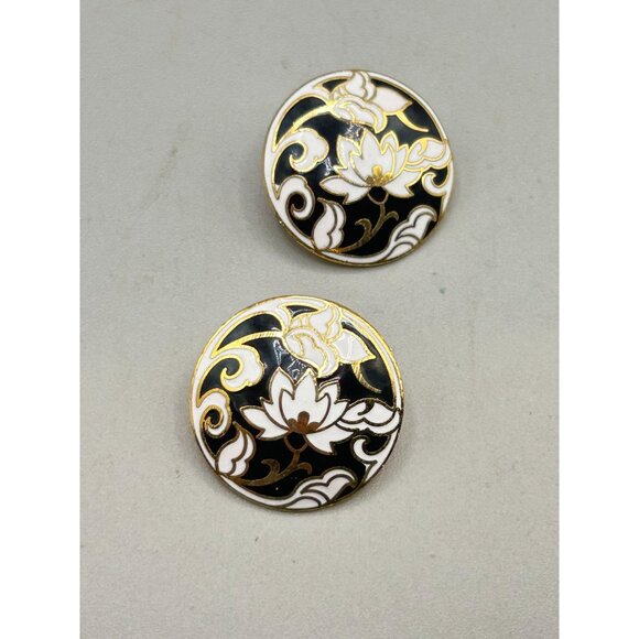 Vintage Enamel Cloisonne Pierced Earrings Lotus Floral Design Black & White - Picture 3 of 5